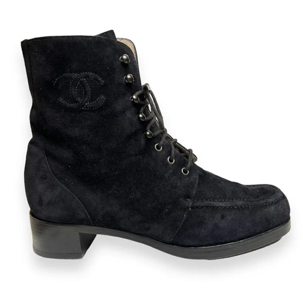 Chanel Classic CC Logo Lace Up Combat Black Suede Leather Boots Size 37